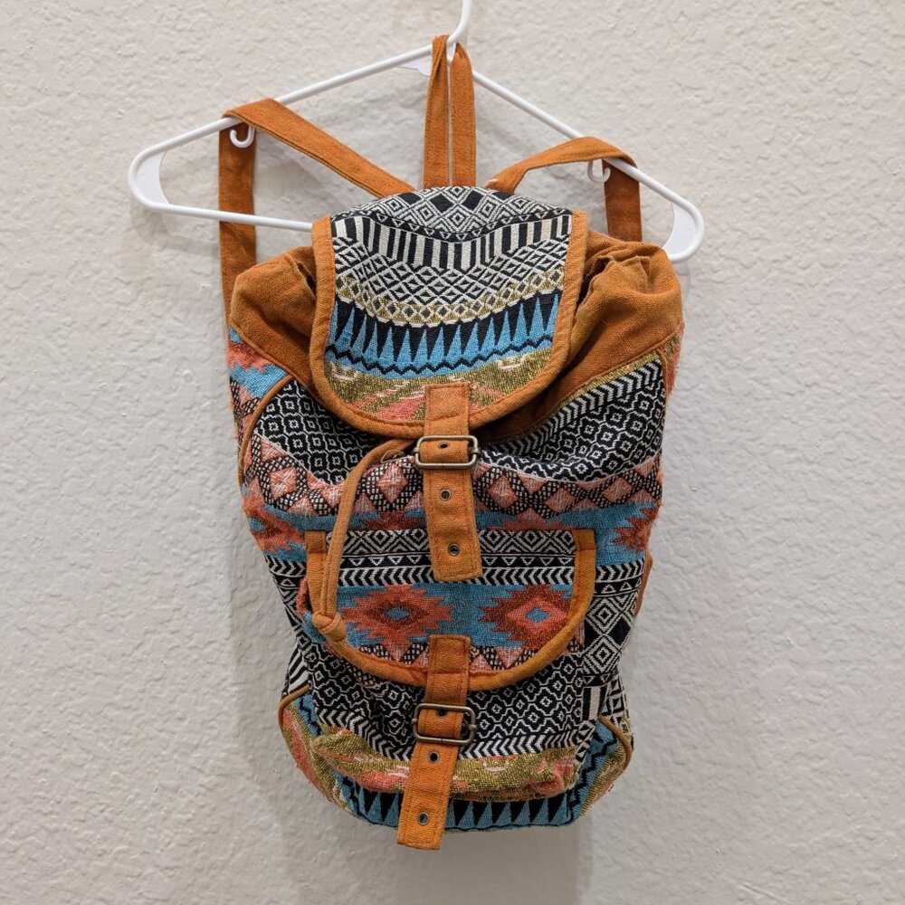 Boho‎ Aztec hippie backpack with drawstring buckles, woven tribal hippie